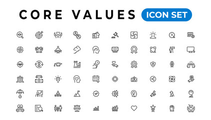 Fototapeta na wymiar Core value icon banner collection. Containing innovation, goals, responsibility, integrity, customers, commitment, quality, teamwork, reliability and inclusion. Vector solid collection of icons