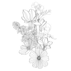 Floral composition. Bouquet with hand drawn spring flowers and plants. Monochrome line illustration in sketch style.