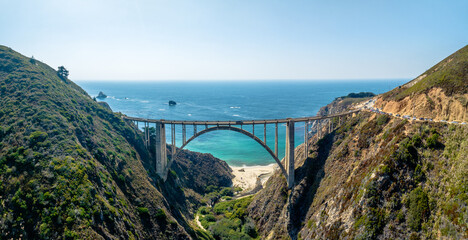 Drone view of pacific coast highway with Bixby Bridge 