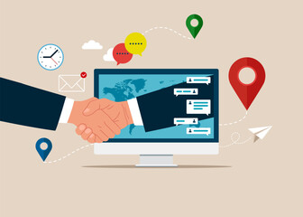 Handshake, via screen computer. Online conclusion of the transaction, the opening of a new startup. Vector illustration.