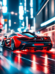 red sports fast racing car rushes through the night city