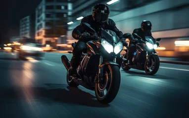 Foto op Aluminium Bikers gang riding togehter, team of motorcycle drivers roaming at night © AdamantiumStock