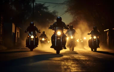 Foto op Plexiglas Bikers gang riding togehter, team of motorcycle drivers roaming at night © AdamantiumStock