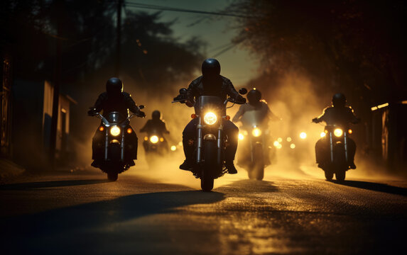 Bikers gang riding togehter, team of motorcycle drivers roaming at night