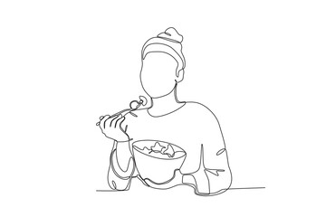 A vegan eats healthy food. World vegan day one-line drawing