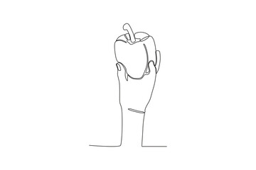 A hand holding a bell pepper. World vegan day one-line drawing