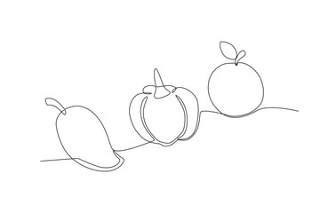 A mango, peppers, and, oranges. World vegan day one-line drawing