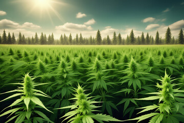 Konzept Cannabis Farm mit Feld als Hintergrund