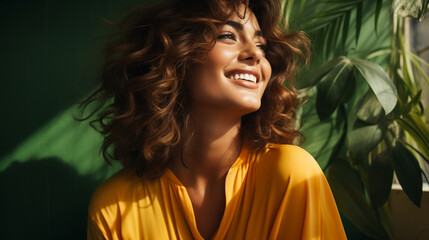 brunette model laughing with warm colors