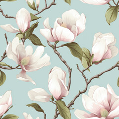 Beautiful seamless pattern of pink magnolia flowers ini white and pink tone on blue background