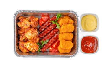 nuggets, sausages, chicken wings  on a white background, food photography, studio shot  1