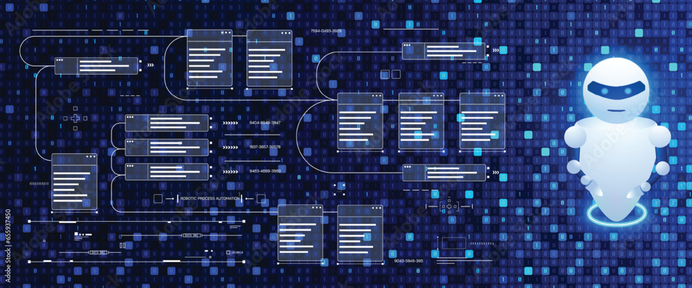 Fototapete Digital technology flowchart of RPA platform on square binary transfer pattern concept vector. Robotic process automation, artificial intelligence illustration background.