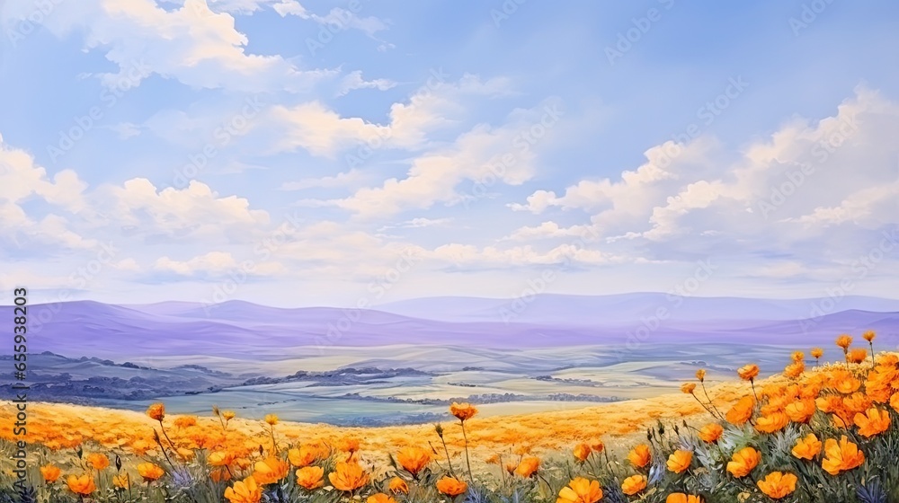 Poster a painting of a field of flowers with mountains in the background. generative ai