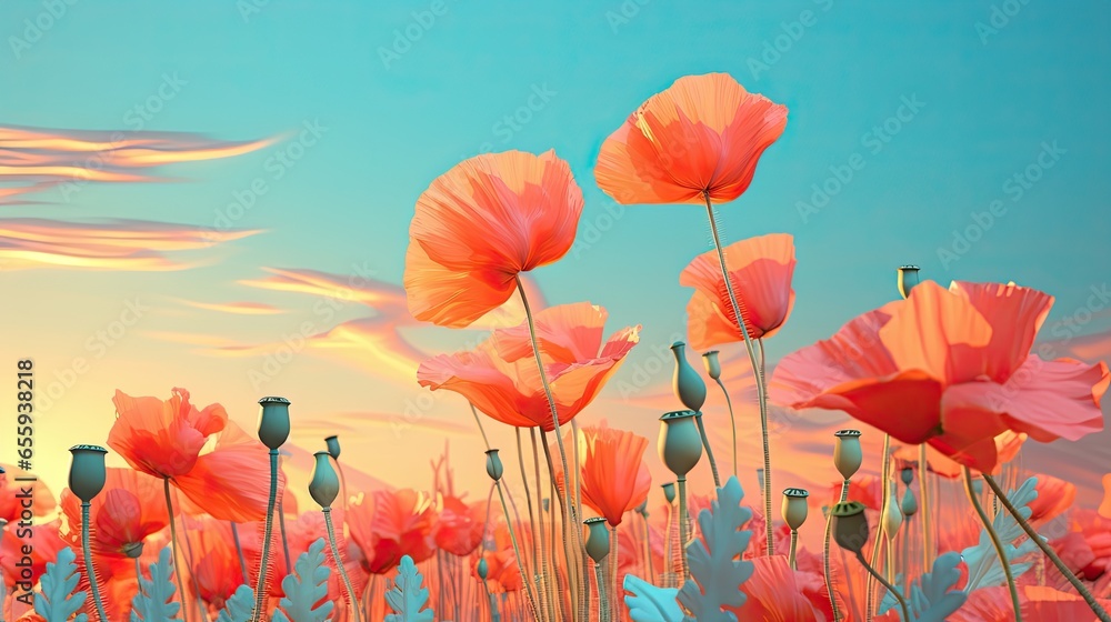 Poster a painting of a field of flowers with a sky in the background. generative ai