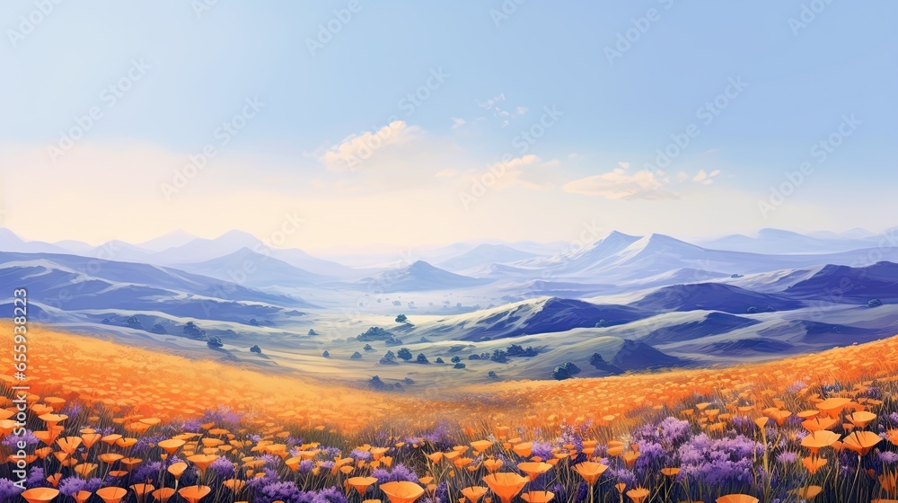 Canvas Prints  a painting of a field of flowers with mountains in the background.  generative ai