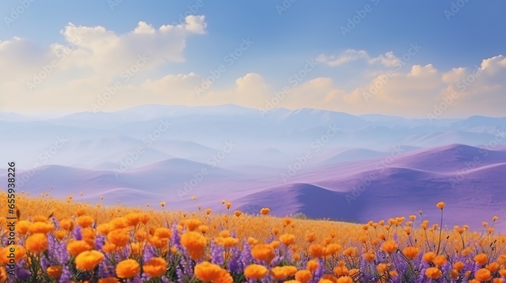 Poster a field of orange flowers with mountains in the background and clouds in the sky. generative ai