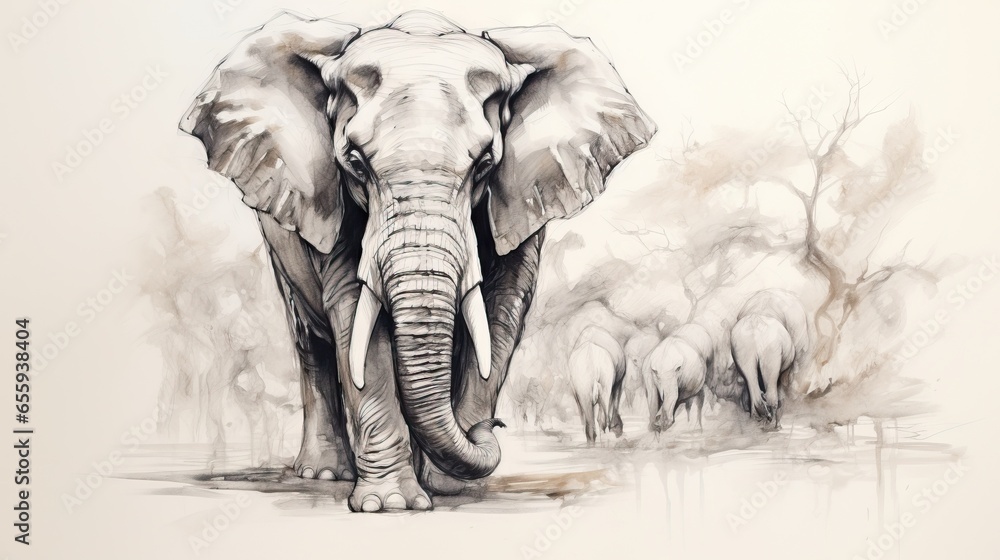 Poster a drawing of an elephant walking through a field of trees. generative ai