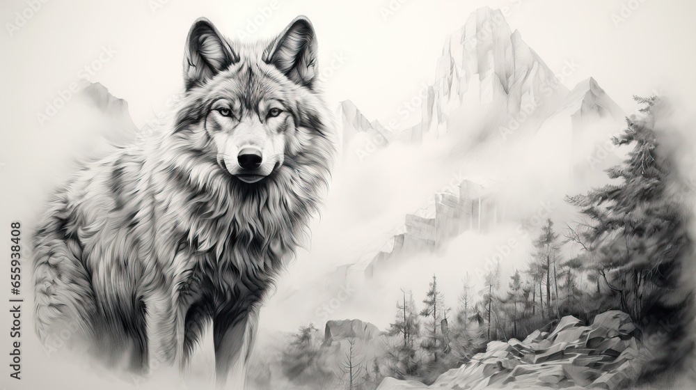 Poster a drawing of a wolf standing in front of a mountain. generative ai