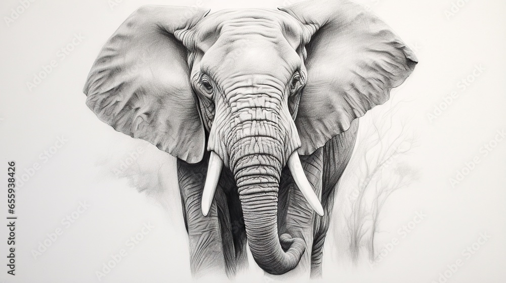 Poster a drawing of an elephant with tusks and tusks. generative ai