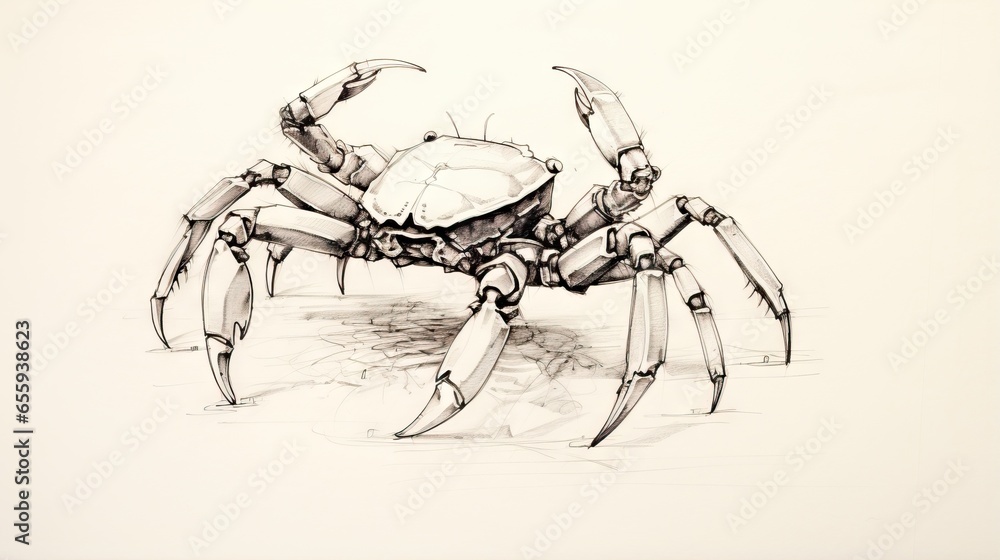Poster a drawing of a crab on a white paper with a black and white background. generative ai