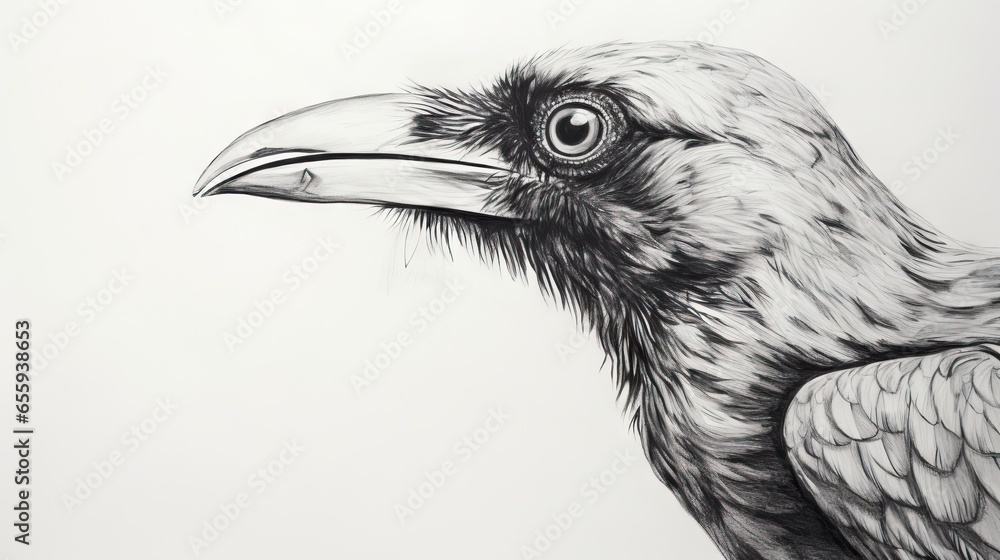 Poster a black and white drawing of a bird with a large beak. generative ai
