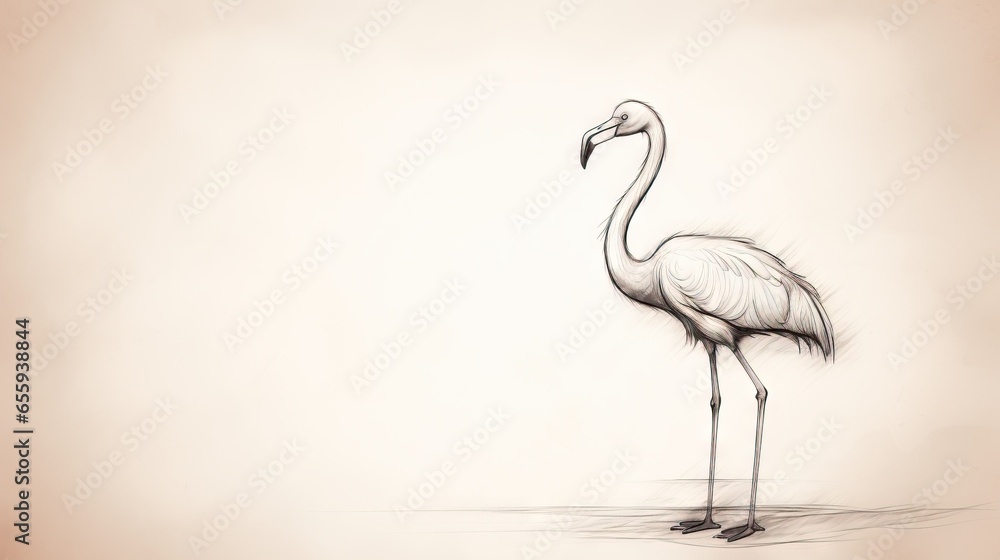 Poster a drawing of a flamingo standing in the water with its head turned to the side. generative ai