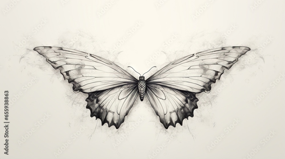 Poster a drawing of a butterfly on a white background with smoke. generative ai