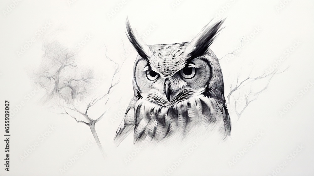 Poster a drawing of an owl sitting on a tree branch with its eyes wide open. generative ai