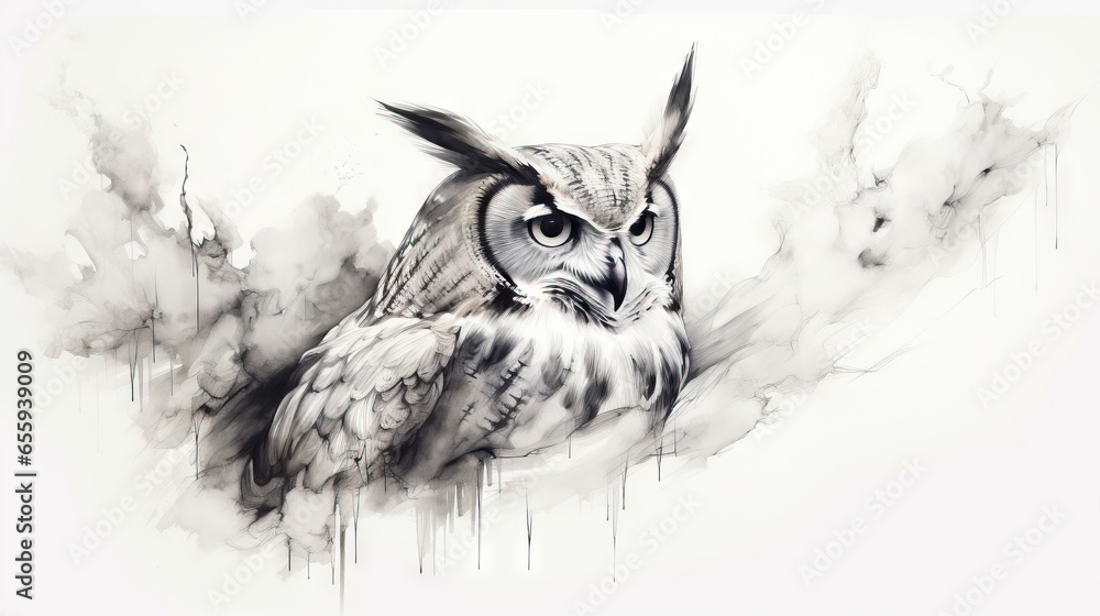 Poster a drawing of an owl sitting on top of a tree branch. generative ai