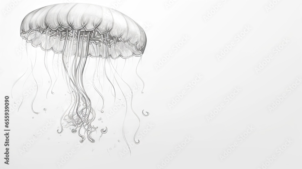 Poster a drawing of a jellyfish floating in the water with bubbles. generative ai
