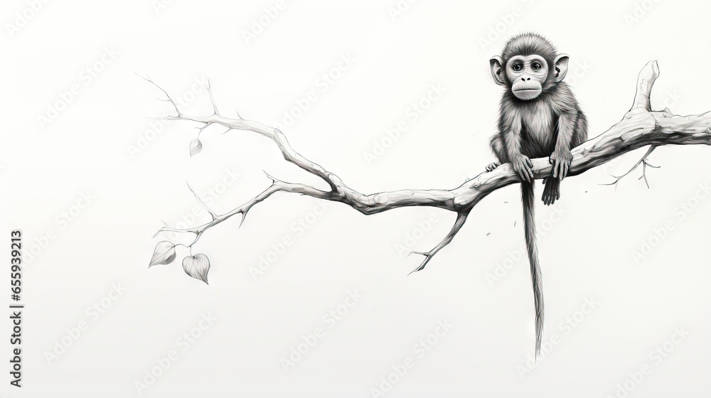 Poster  a drawing of a monkey sitting on a tree branch with no leaves.  generative ai