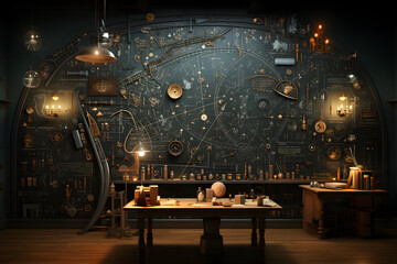 Chalkboard filled with equations and diagrams, review the concept of time travel. - obrazy, fototapety, plakaty
