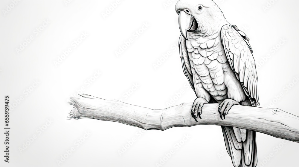 Poster a drawing of a parrot sitting on a branch of a tree. generative ai