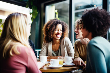Happy smiling female friends sitting in a café laughing and talking during a lunch break