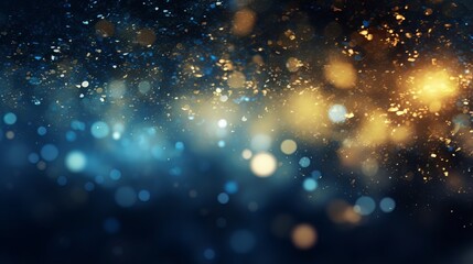 Abstract glitter lights background in blue, gold and black colors. Defocused bokeh effect. Banner for festive, celebration or party themes. - obrazy, fototapety, plakaty