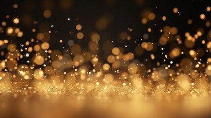 Golden glitter particles falling on light background. Sparkling gold confetti with magical effect. Festive and elegant design element