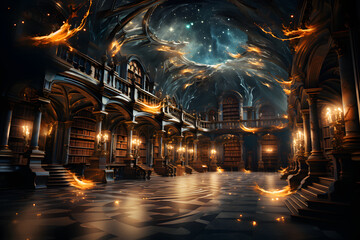  Old library, swirling vortex of light ,time-traveling journey. - obrazy, fototapety, plakaty