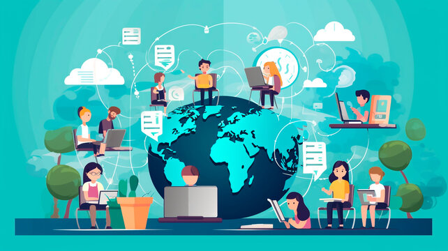 graphic illustration of online education of schoolchildren and students, image of online education system in the modern world. Generative AI