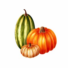 Composition of three colorful pumpkins isolated on white, hand drawn marker illustration in watercolor technique. For menu, visual aids, postcards, greeting cards, prints for clothing, shoppers, mugs