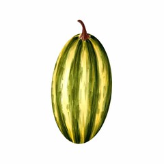 Realistic green pumpkin isolated on white, hand drawn marker illustration in watercolor technique. For visual aids, postcards, greeting cards, prints for clothing, shoppers, mugs, menu design etc.
