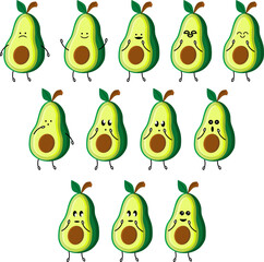 Set of cartoon avocados with different facial expressions, bundle