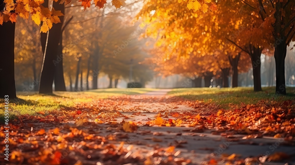 Poster park view of colorful autumn trees and falling leaves background