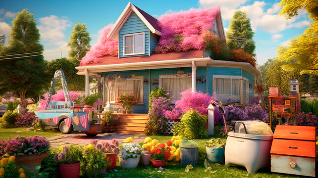a small blue house decorated with flowers and plants on all sides. sunny day and blue sky. Generative AI