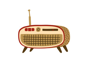 Vintage radio receiver in beige with red. Retro technique. Hand-drawn doodle illustration.