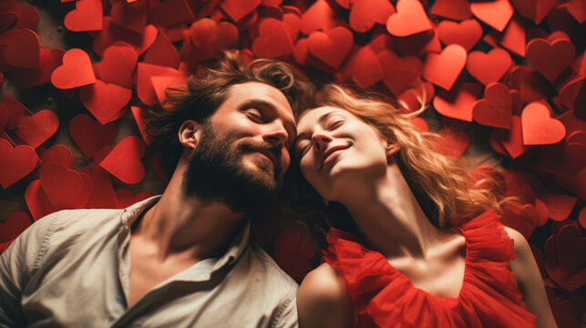 Couple lying on a floor full of red paper hearts with a lovey-dovey attitude.
