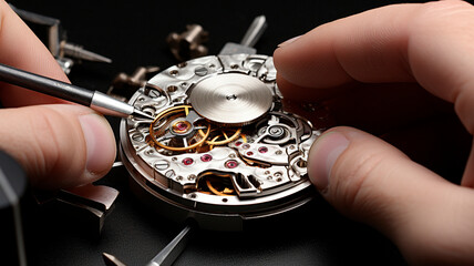 Realistic photo Repair and service of high quality Swiss watches. master in the process of work. Generative AI