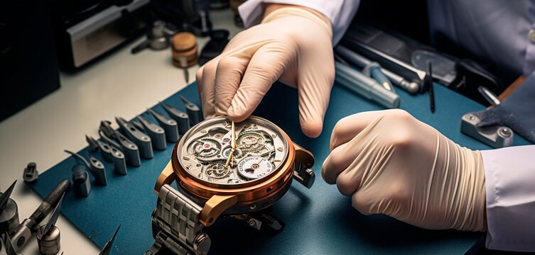 Realistic photo Repair and service of high quality Swiss watches. master in the process of work. Generative AI