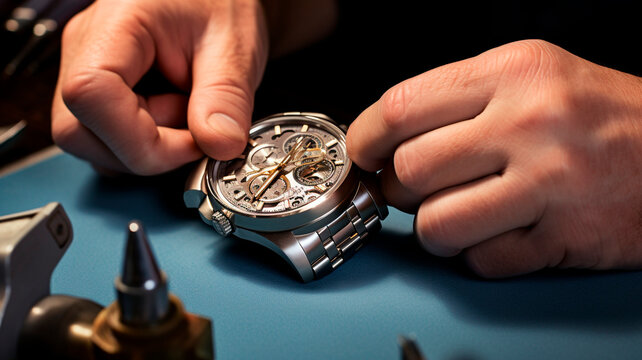 Realistic photo Repair and service of high quality Swiss watches. master in the process of work. Generative AI