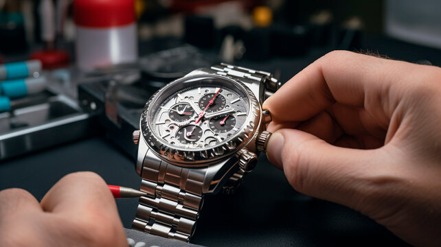 Realistic photo Repair and service of high quality Swiss watches. master in the process of work. Generative AI