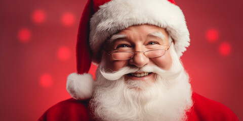close up of a Santa Claus smiling against red background